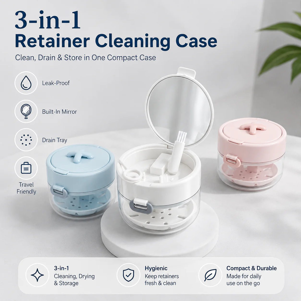 3-in-1 Leak-Proof Retainer Cleaning Case with Mirror, Drain Tray & Travel Storage